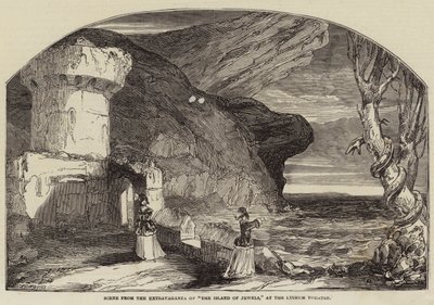 Scène uit de extravaganza van Het Eiland van Juwelen, in het Lyceum Theater door Alfred Crowquill